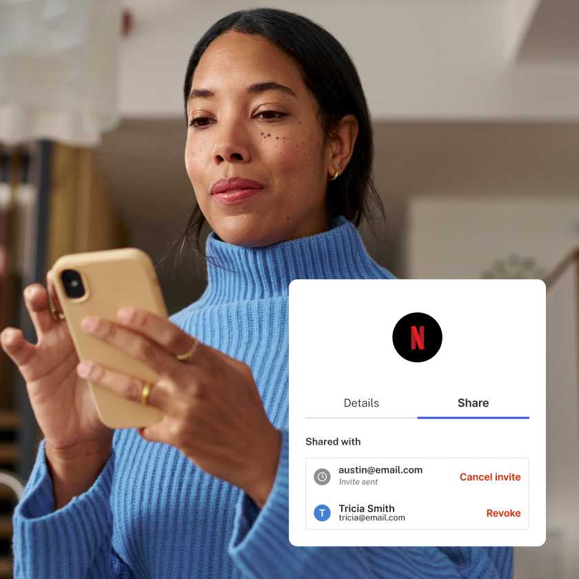 Image of woman in blue turtleneck sweater holding a smartphone overlaid by image of Netflix share settings in Okta Personal