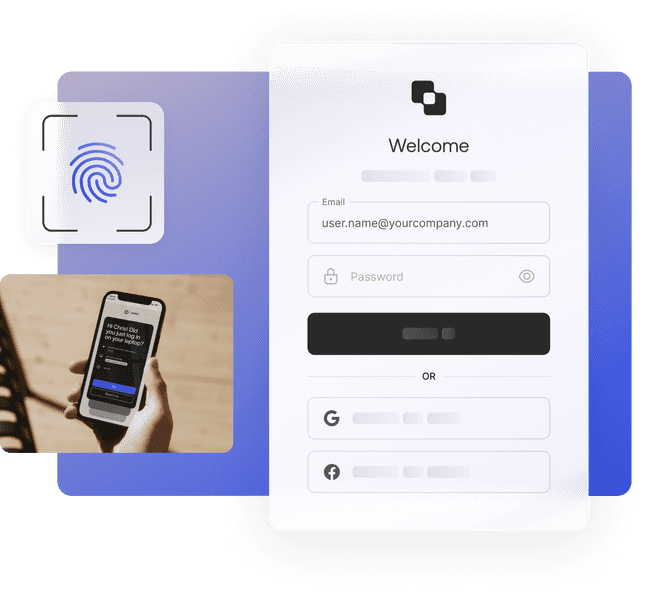 A thumbprint, an Okta login push notification on a smartphone, and an Okta login box overlaying a blue background.