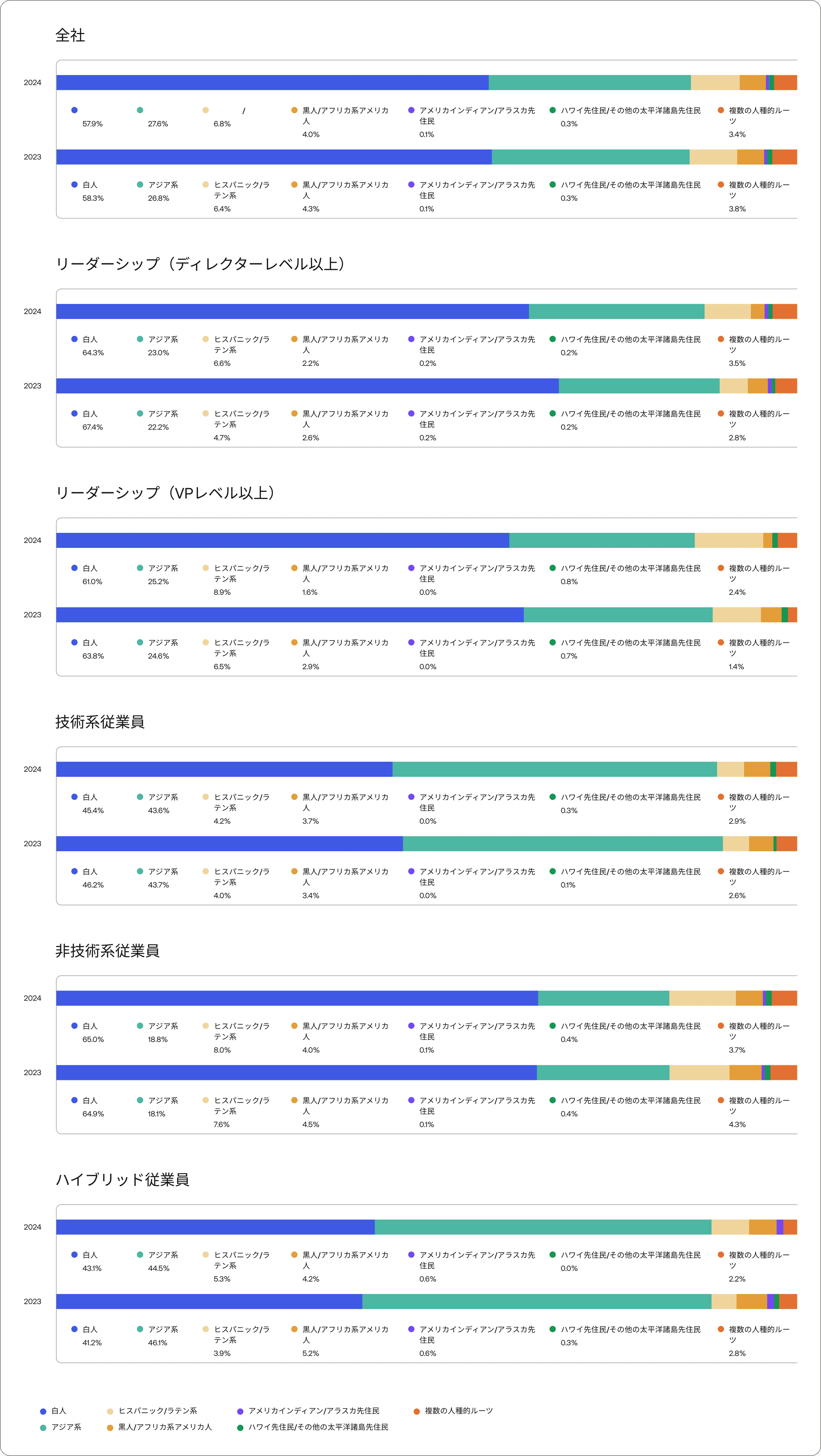 Charts showing race and ethnicity breakdown of US based employees