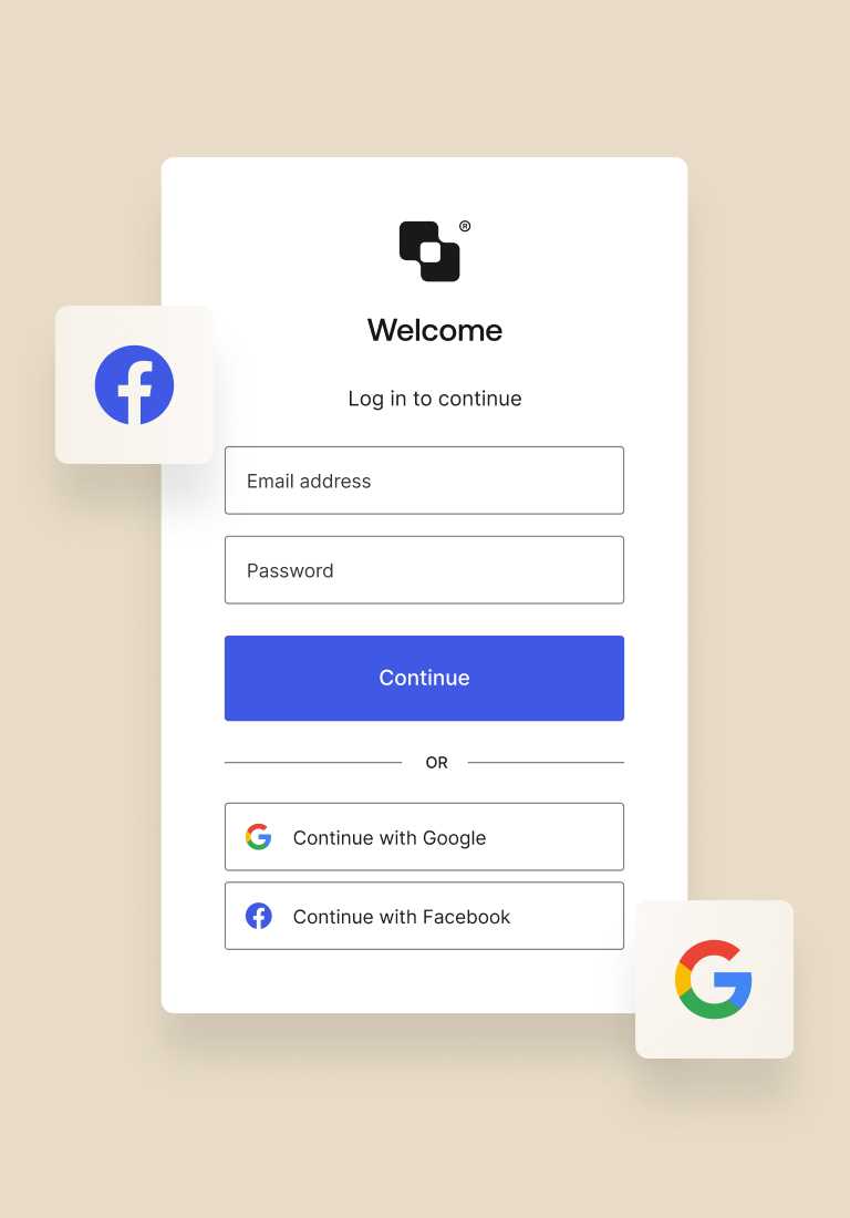 A display of a welcome screen with options to sign in using Google or Facebook.