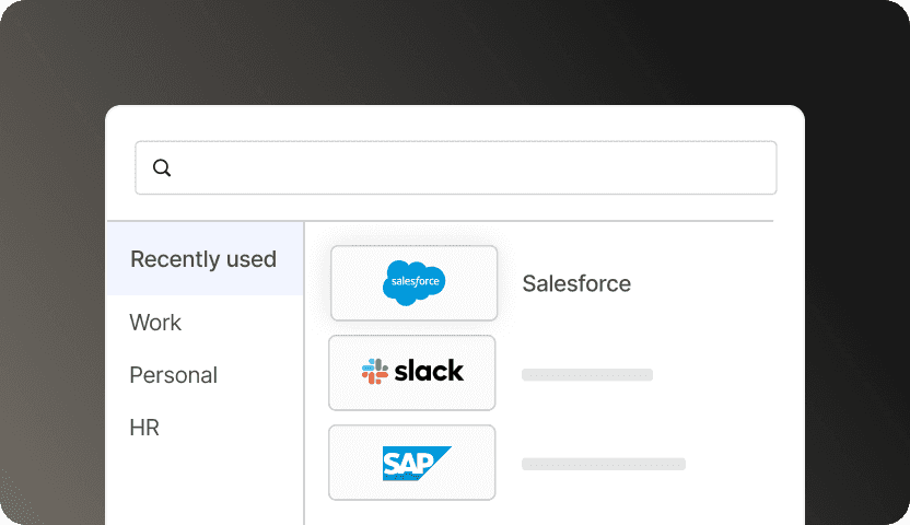 Okta dashboard image featuring options for viewing Recently Used, Work, Personal, and HR tabs.