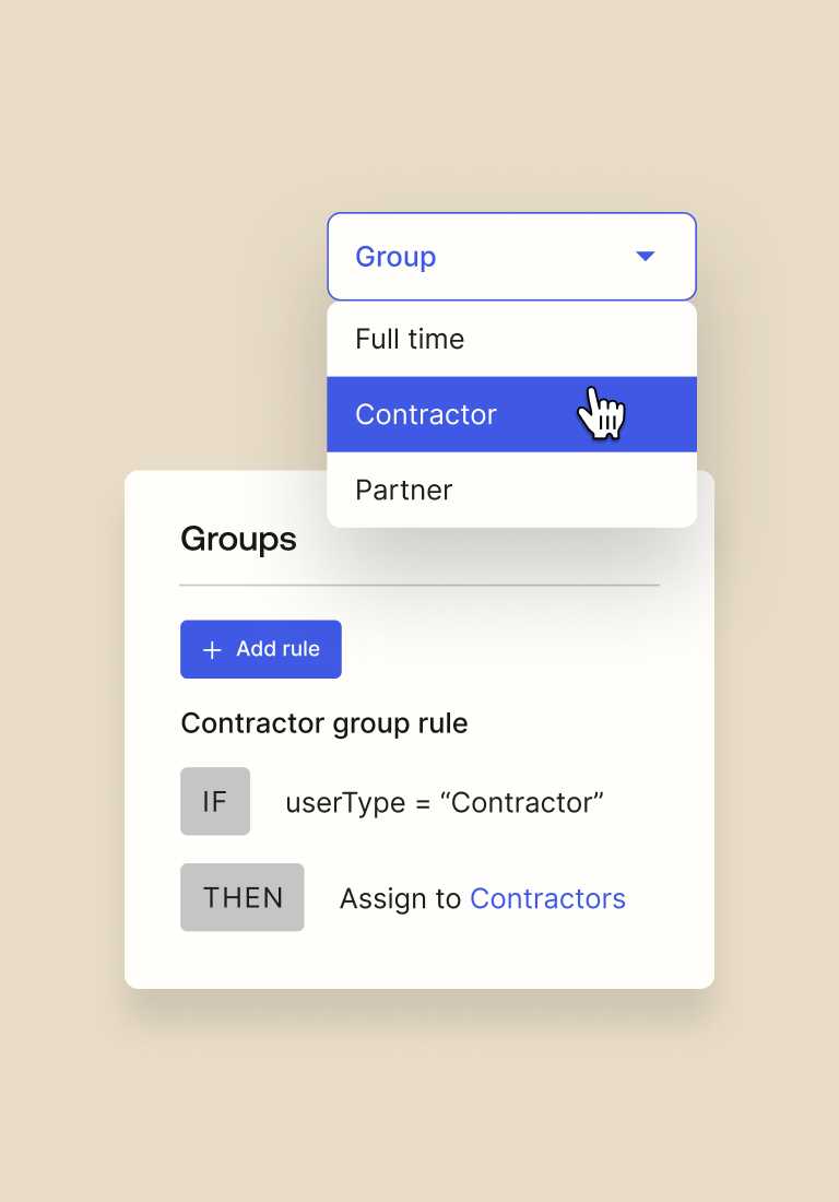 Image displaying Okta Lifecycle Management use case by allocating a contractor employee to a group.