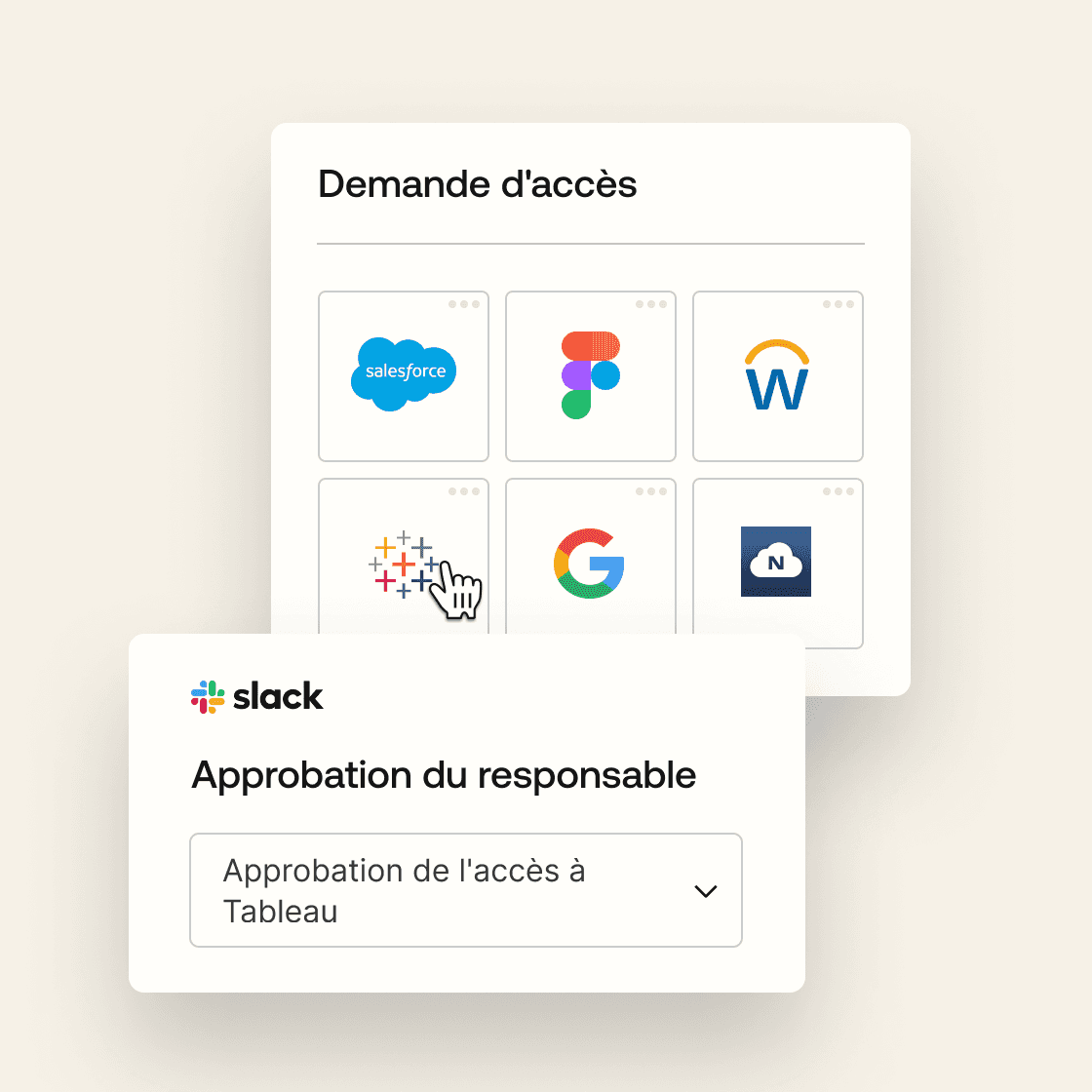 A graphic of a user requesting access to Slack on a sand-colored background.