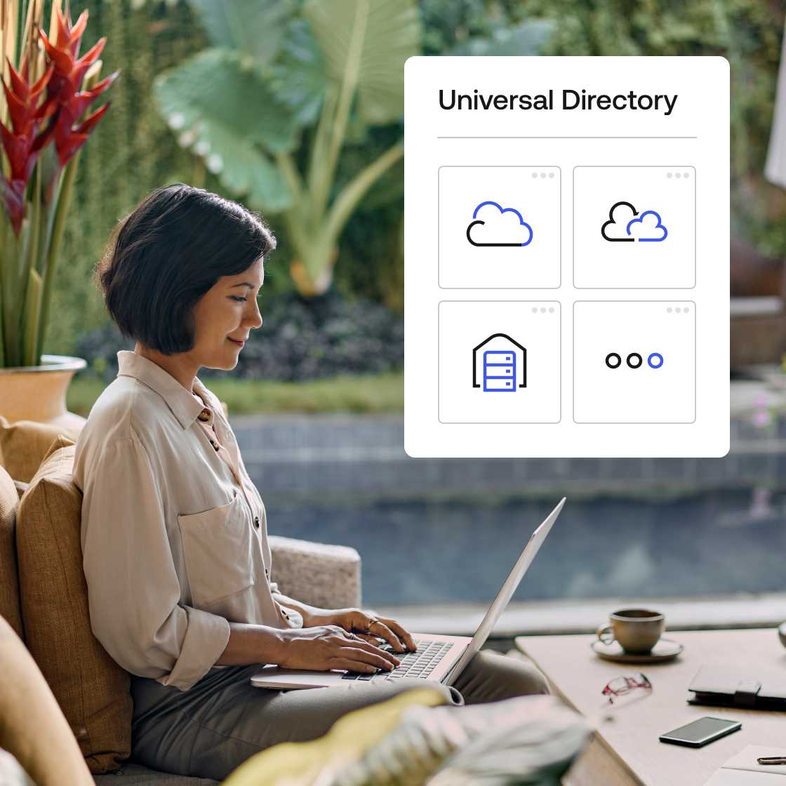 A graphic showing Universal Directory with four icons layered over an image of a woman working on her laptop.