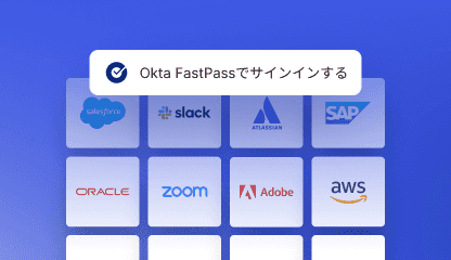 A graphic of a user using Okta FastPass to sign on to different apps at once.