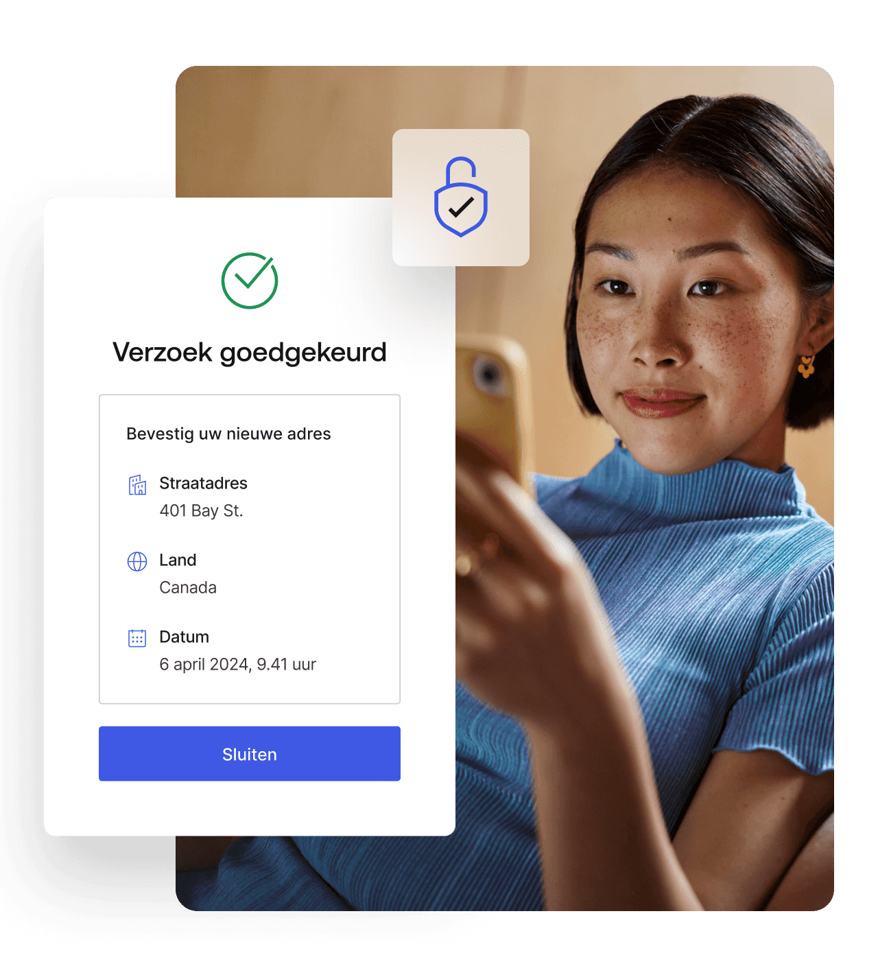 Screenshot of location verification request overlaying a woman sitting and looking at a smartphone.