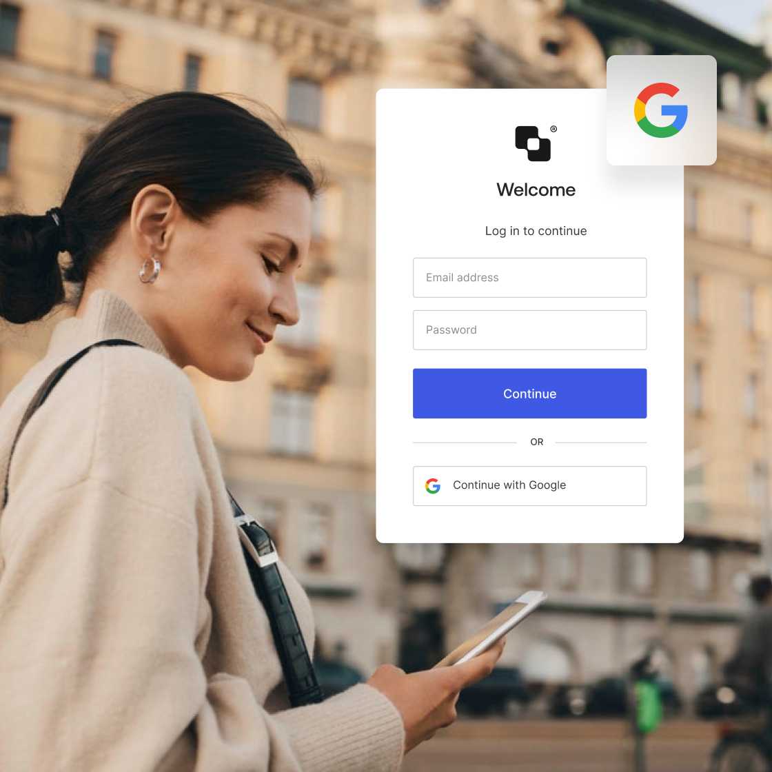Image of a login box overlaying women walking outside while looking at her phone.