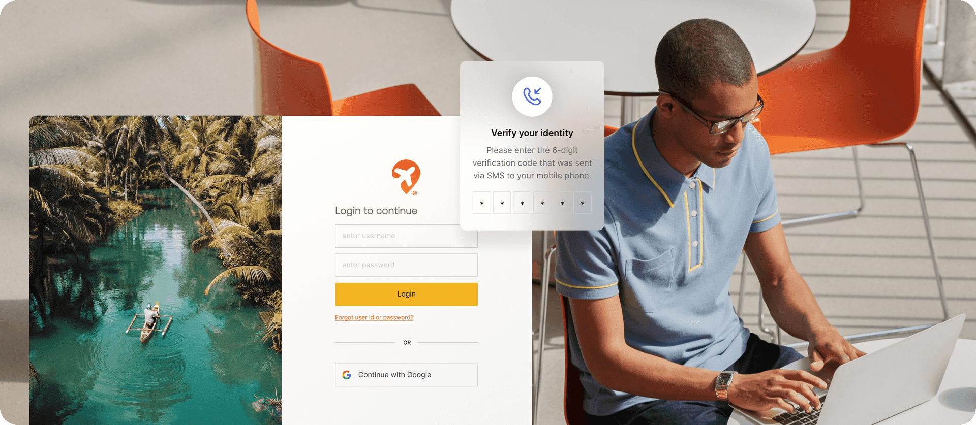 A collage of a man on his laptop, a login screen for a travel website, and a pop-up asking for identity verification