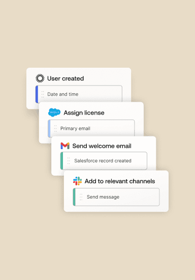 Image of Okta Workflows that demonstrates how to create a user, assign a license in Salesforce, send a welcome email and add to relevant slack channels