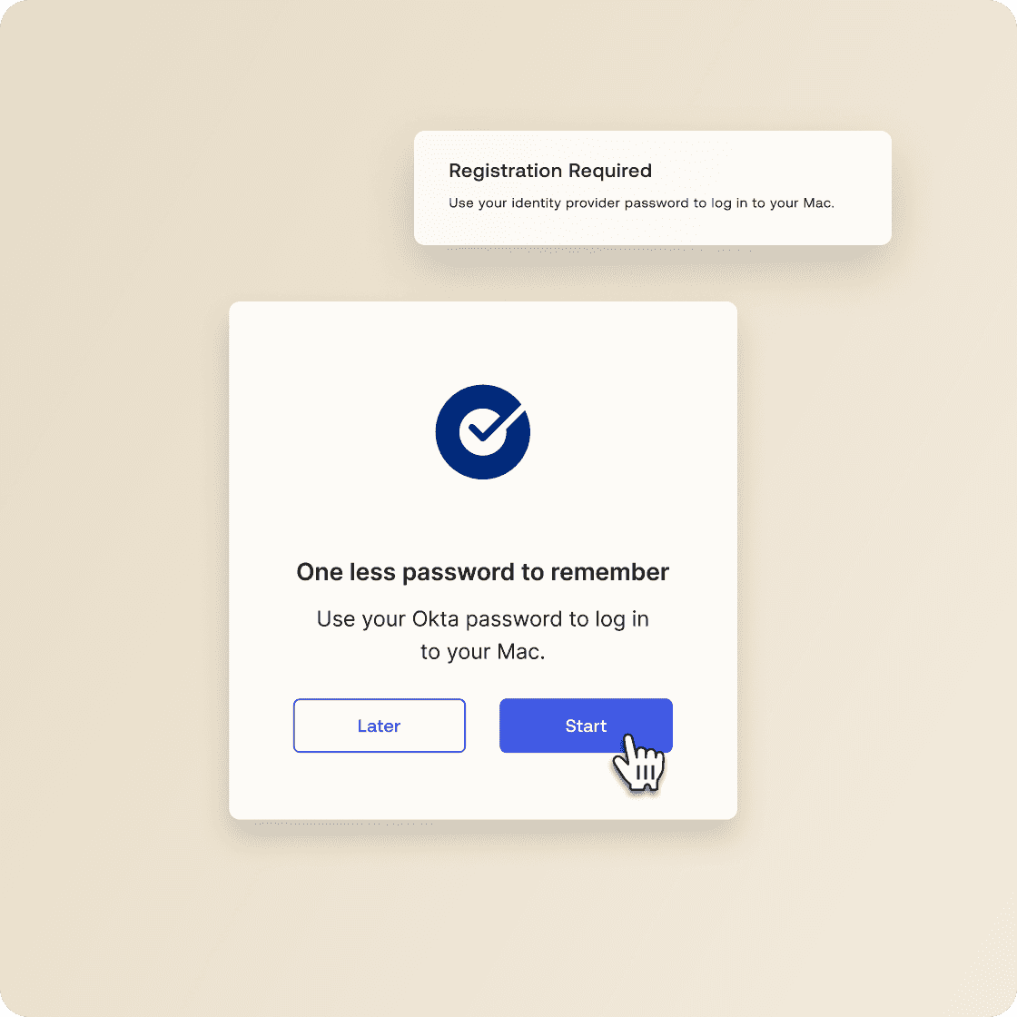 A pop-up encourages a desktop user to use Okta instead of needing to remember a password to log into their computer.