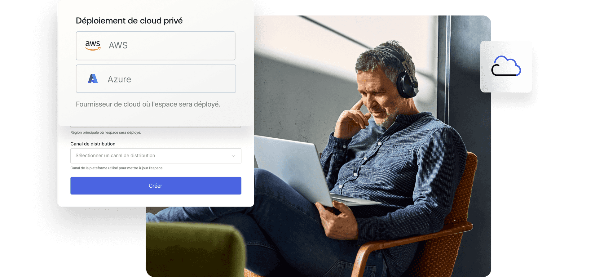 Graphic overlay of cloud deployment over image of customer working on a laptop.