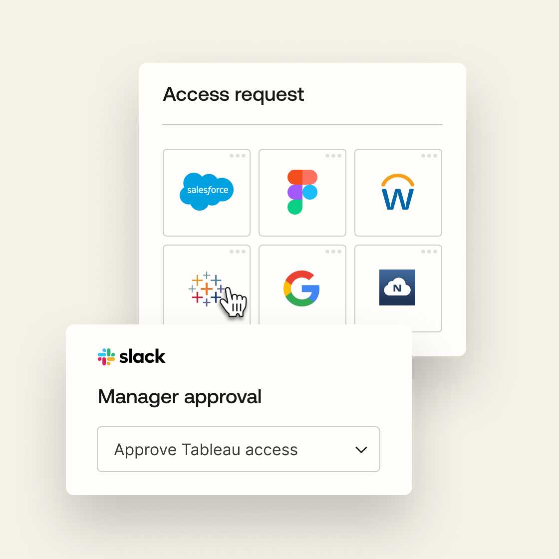 A graphic of a user requesting access to Slack on a sand-colored background.