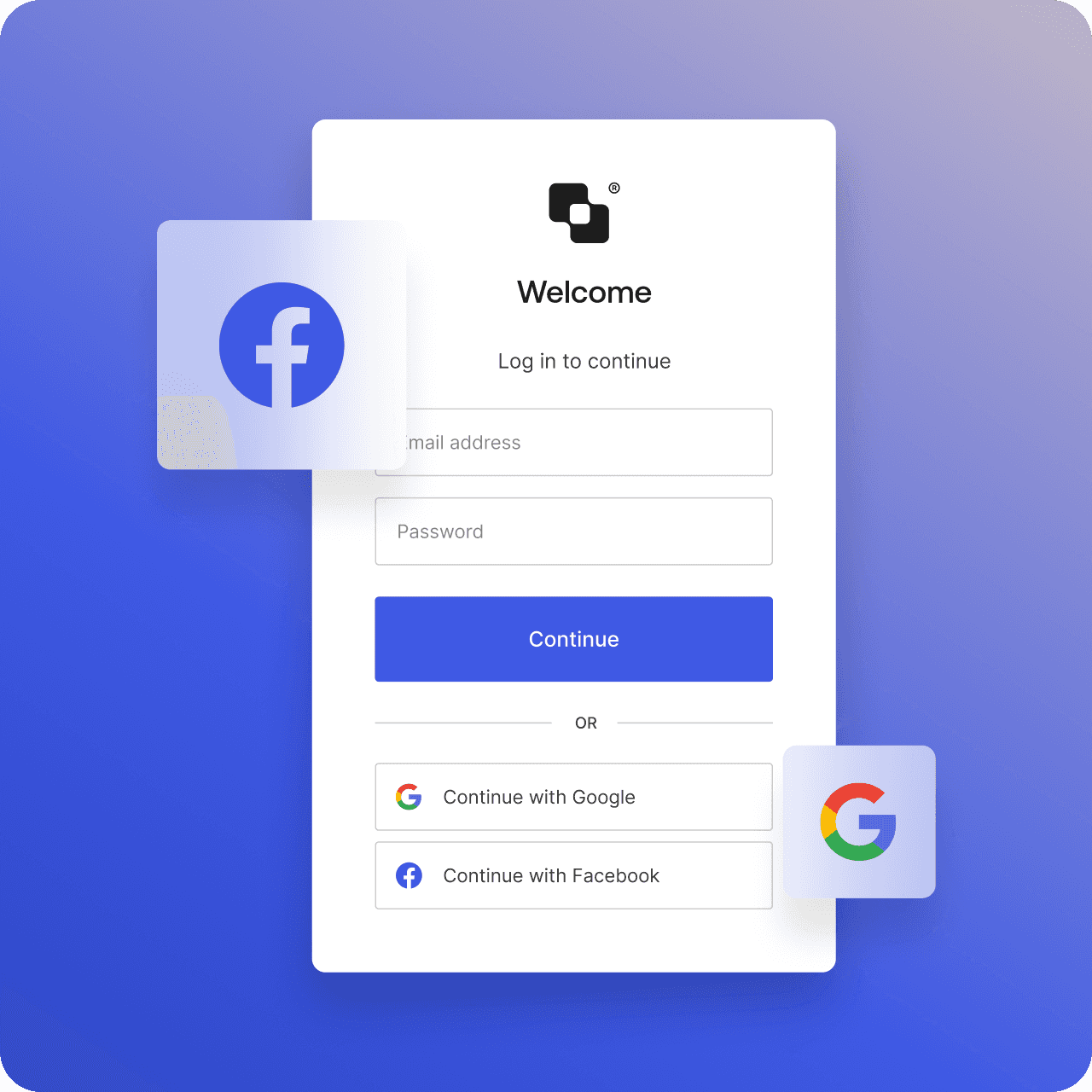 A login screen showing options to sign in with Facebook or Google