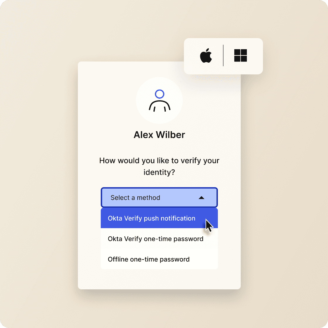 A pop-up window asks user Alex Wilber how they’d like to verify their identity. They can choose a push notification through the Okta app, a one-time password through the Okta app, or an offline one-time password.