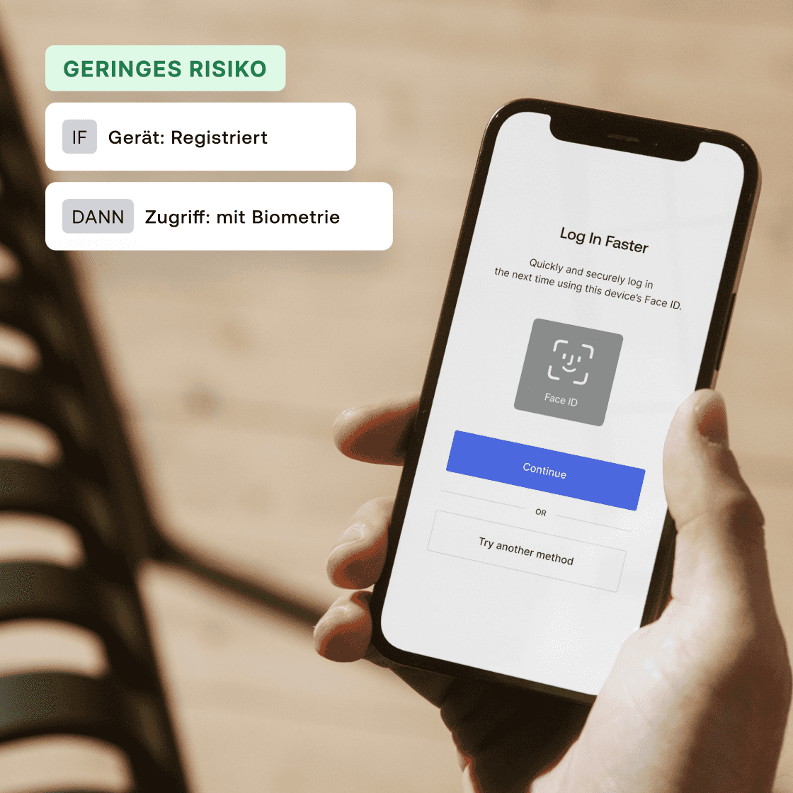 Image displaying a user holding a phone and using facial recognition to log into their account faster.