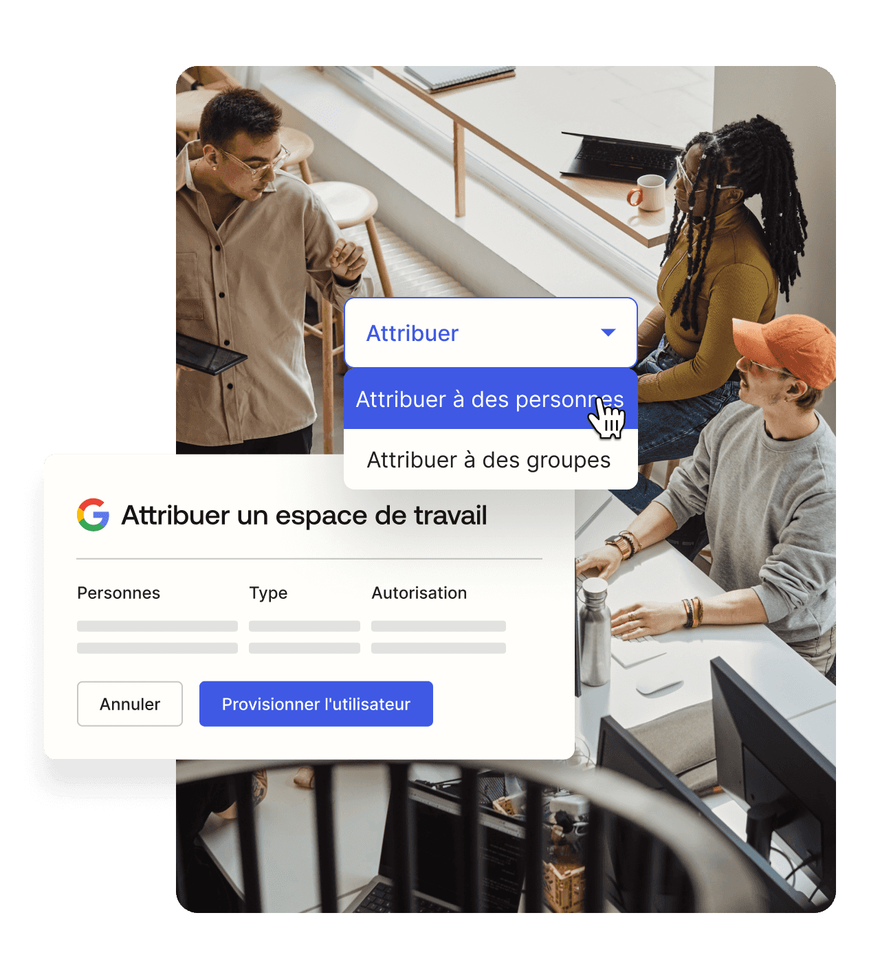 A graphic of assigning a user to a workspace layered over an image of three people working together in an office.