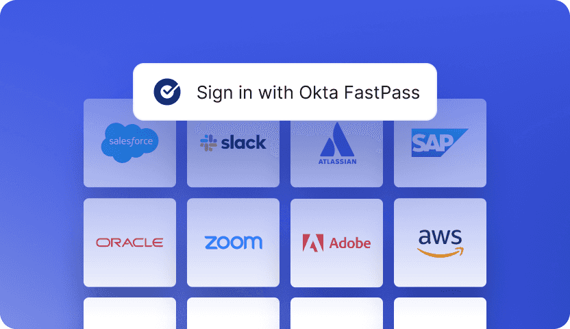 A graphic of a user using Okta FastPass to sign on to different apps at once.