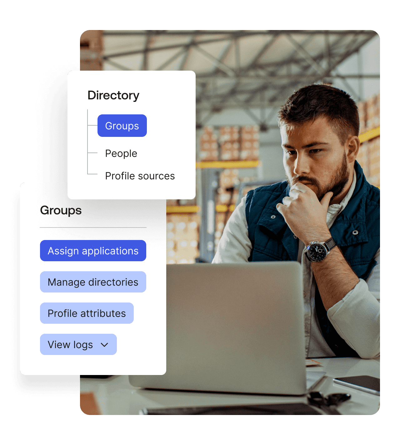 A graphic of a directory and different groups layered over an image of a man working on his laptop in a warehouse.