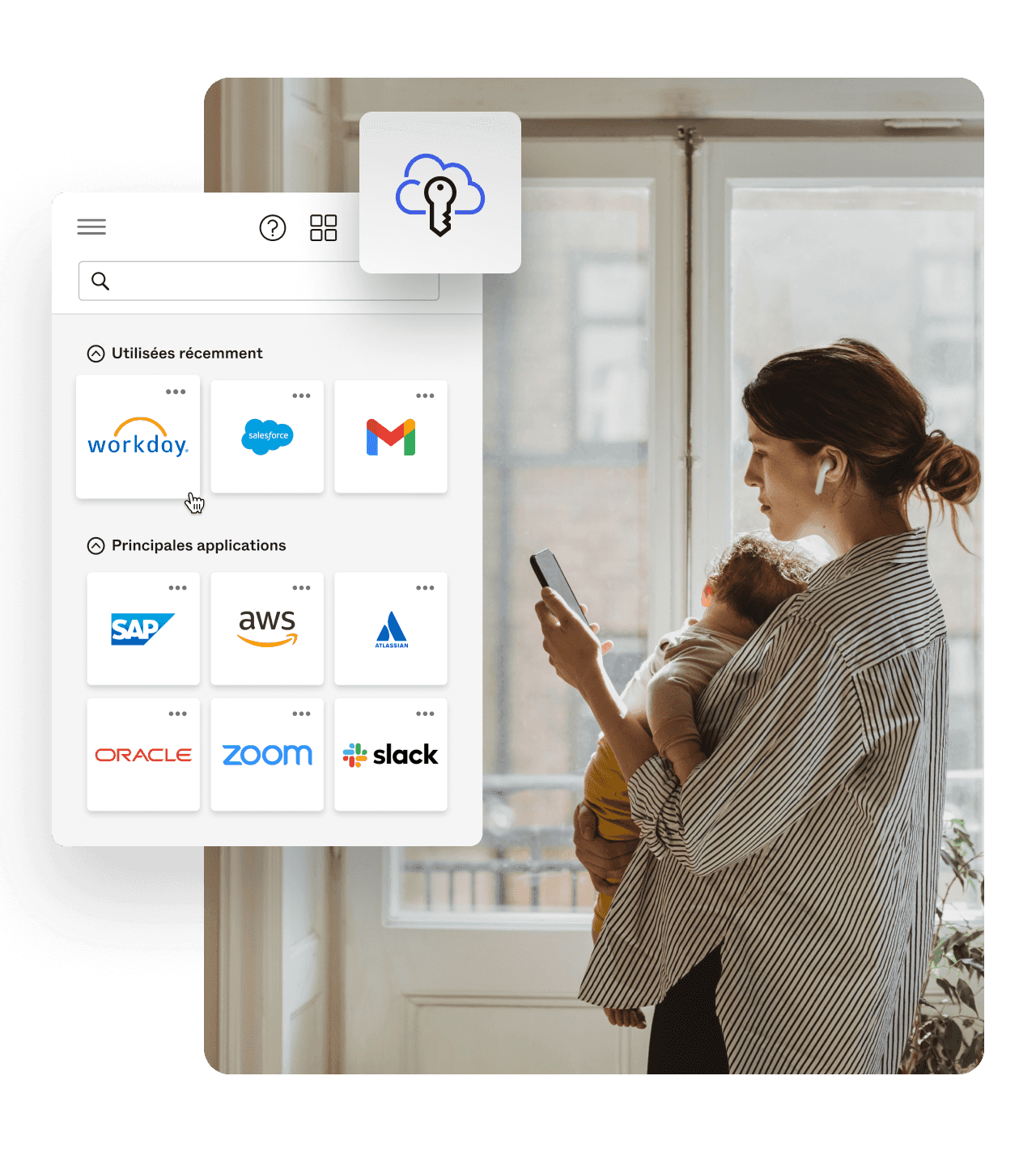 Image of a single sign-on dashboard and icon overlaying an image of a woman holding a child while looking at her phone.