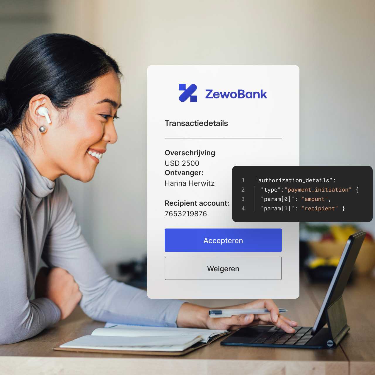 Image of ZewoBank operation details overlaying image of woman at desk with earphones on taking a call from a smart tablet.