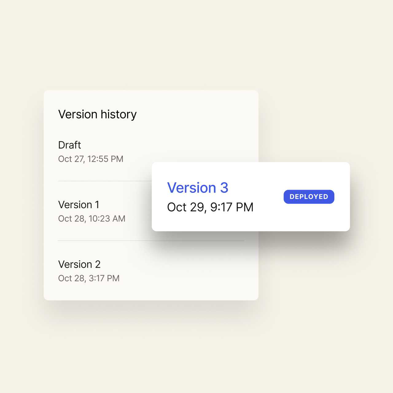 An image of a draft and version histories one, two, and three, with version three labeled as “deployed” 