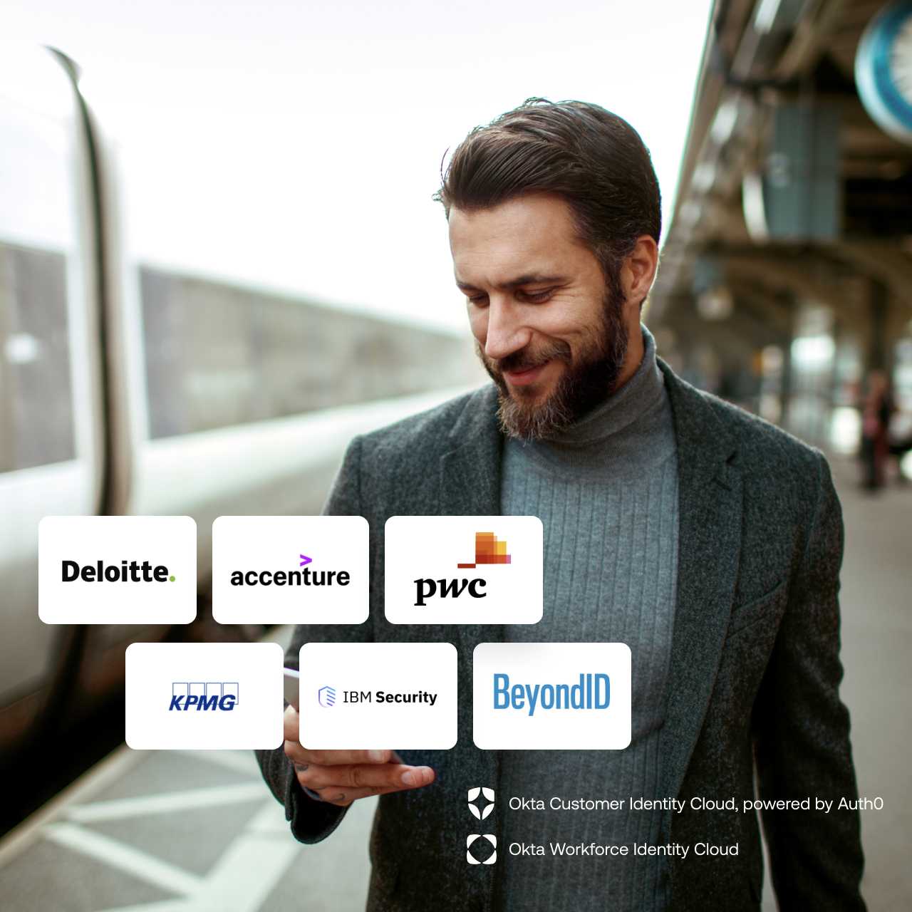 Man in blazer looking down at phone while walking on train platform with company logos transposed on top of photo