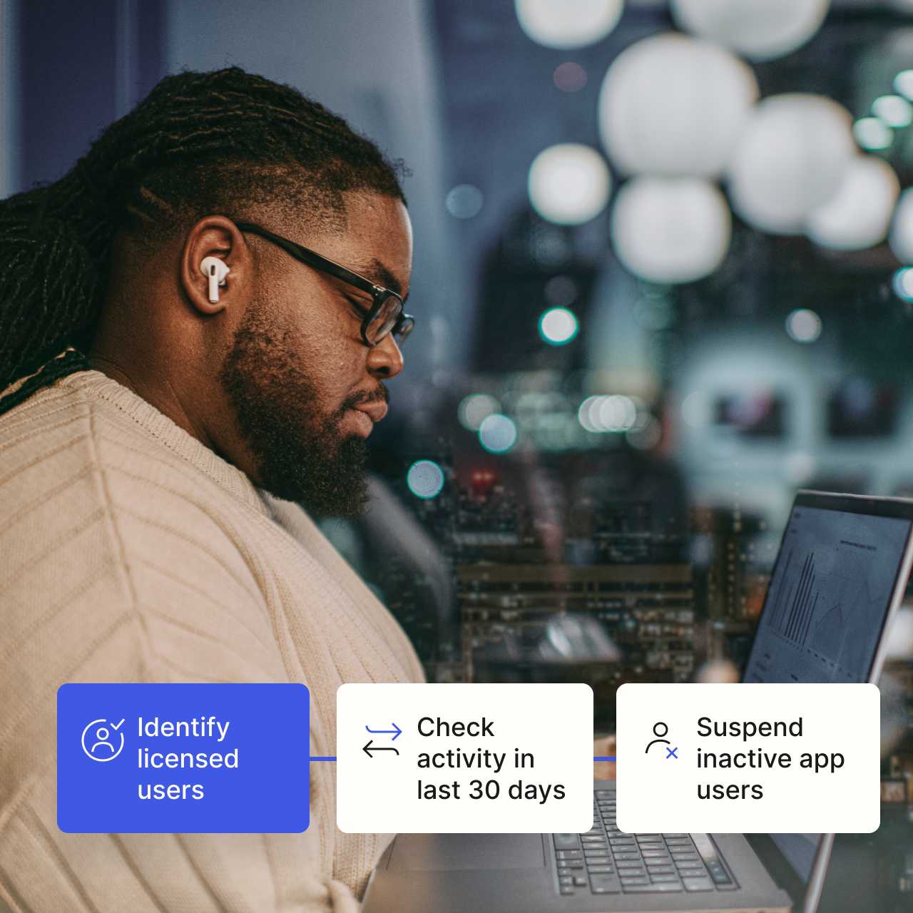 A graphic showing how a user can identify and suspend inactive users layered on an image of a man working on his laptop.