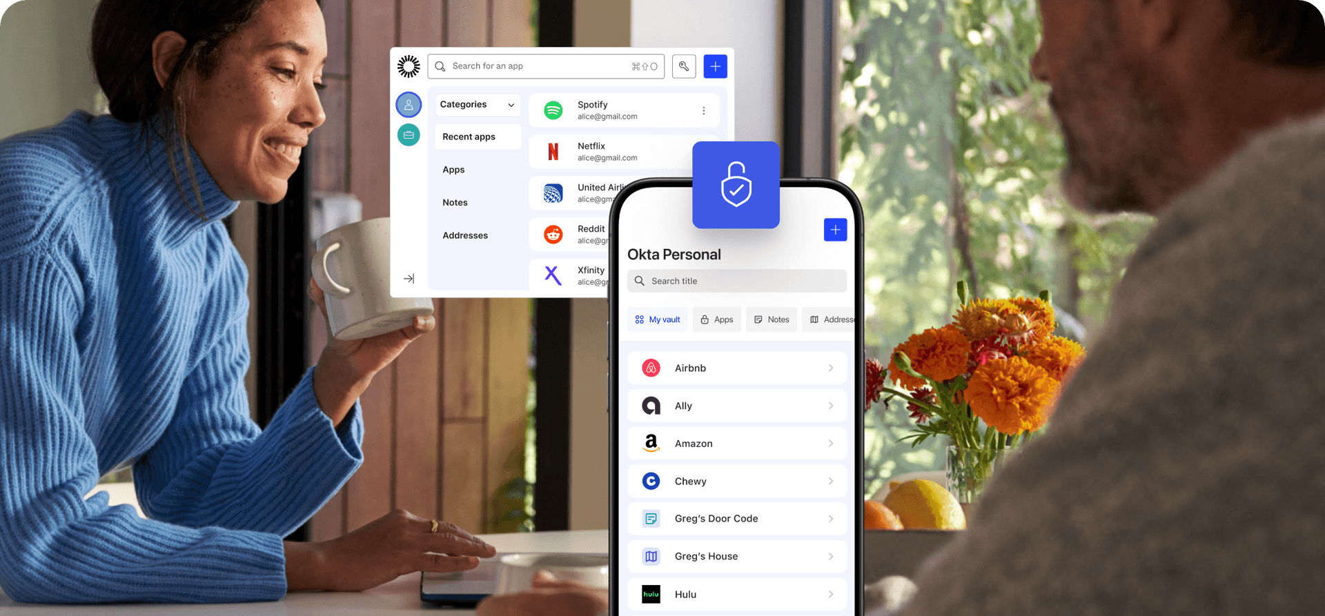 Woman drinking coffee with a man. Overlay of Okta Personal app and plugin experience.