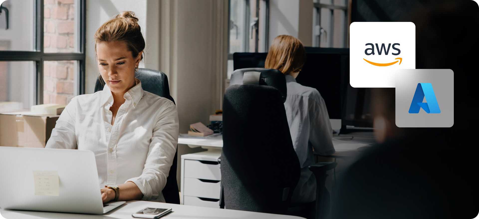 Graphic overlay of AWS and Microsoft Azure icons over image of woman working on a laptop