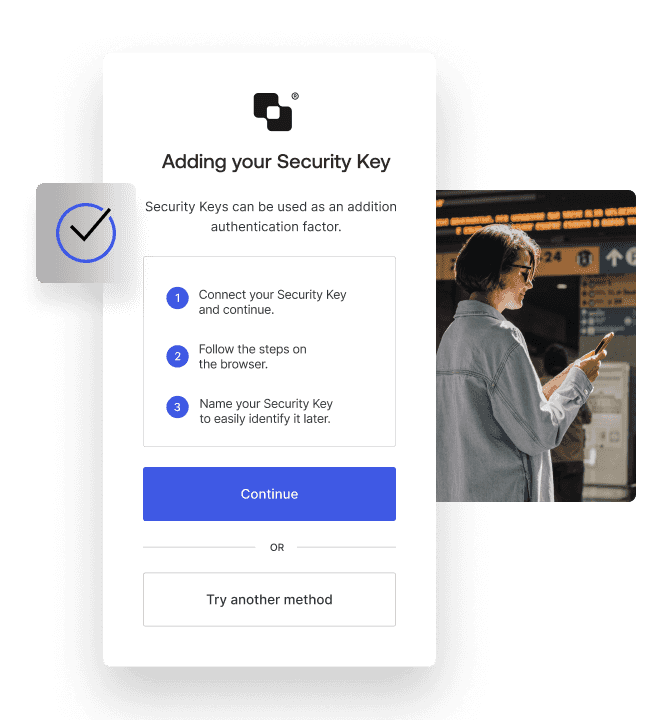 A screen of the three-step process for connecting your security key, layered on an image of a woman on her phone in public