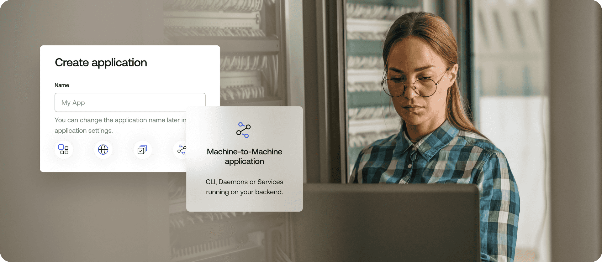 A woman on her laptop, an application form, and a machine-to-machine icon. 
