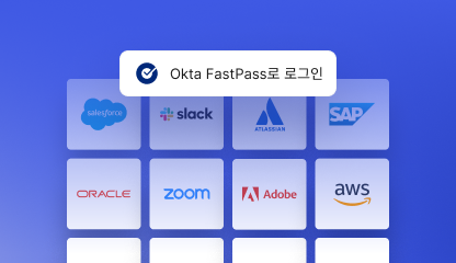 A graphic of a user using Okta FastPass to sign on to different apps at once.