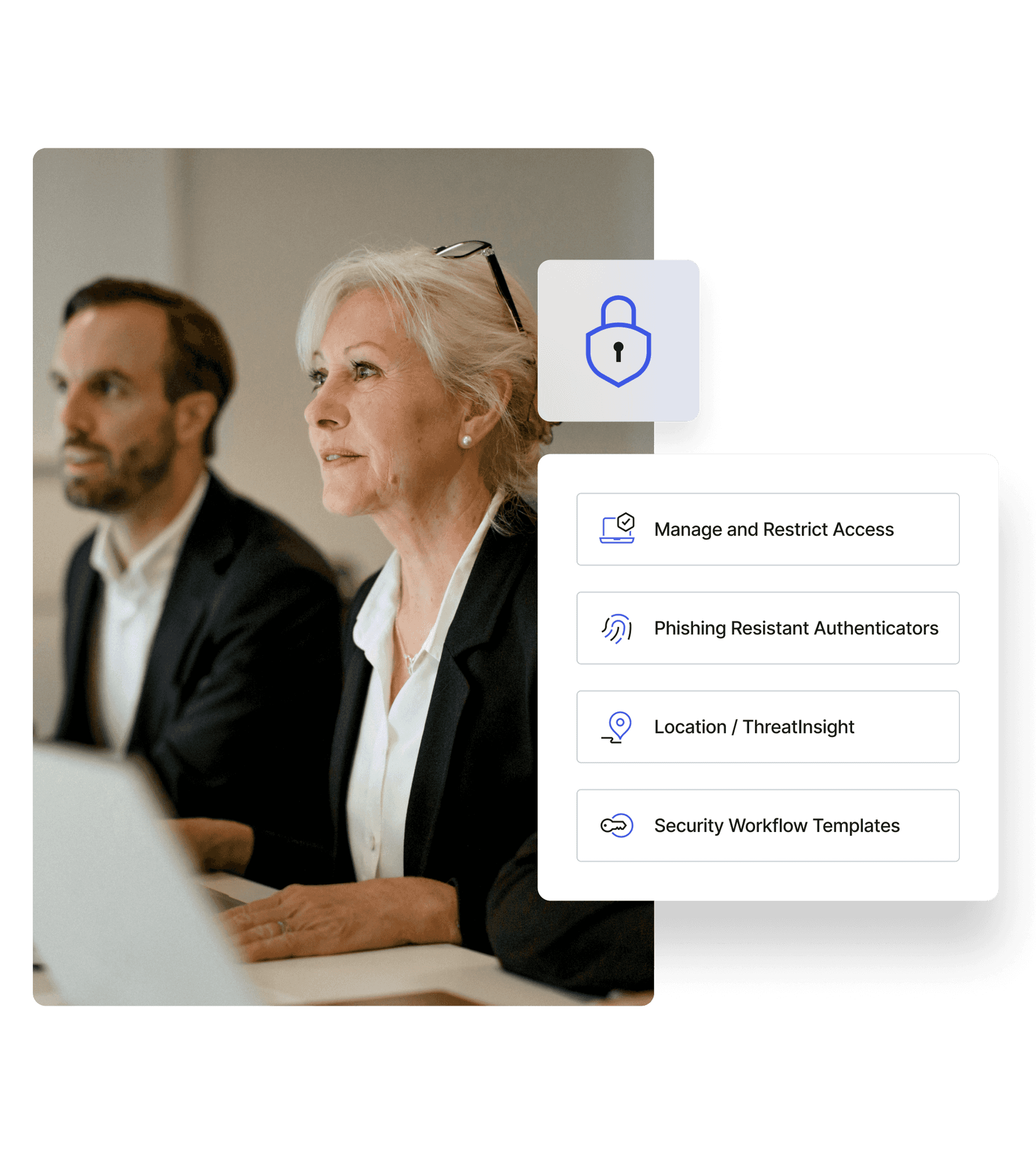 Image of phishing resistant authentication overlaying image of woman and man in work meeting.