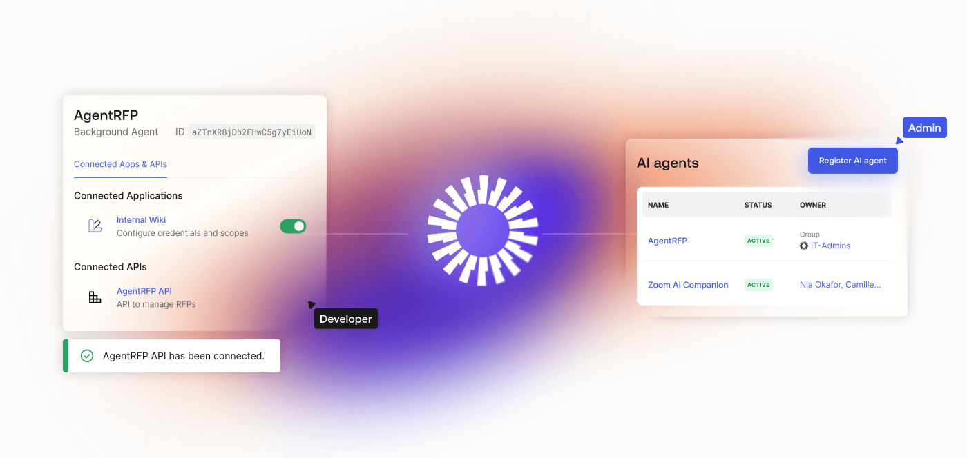 Split graphic connecting a developer’s secret management panel with an IT agent directory list.