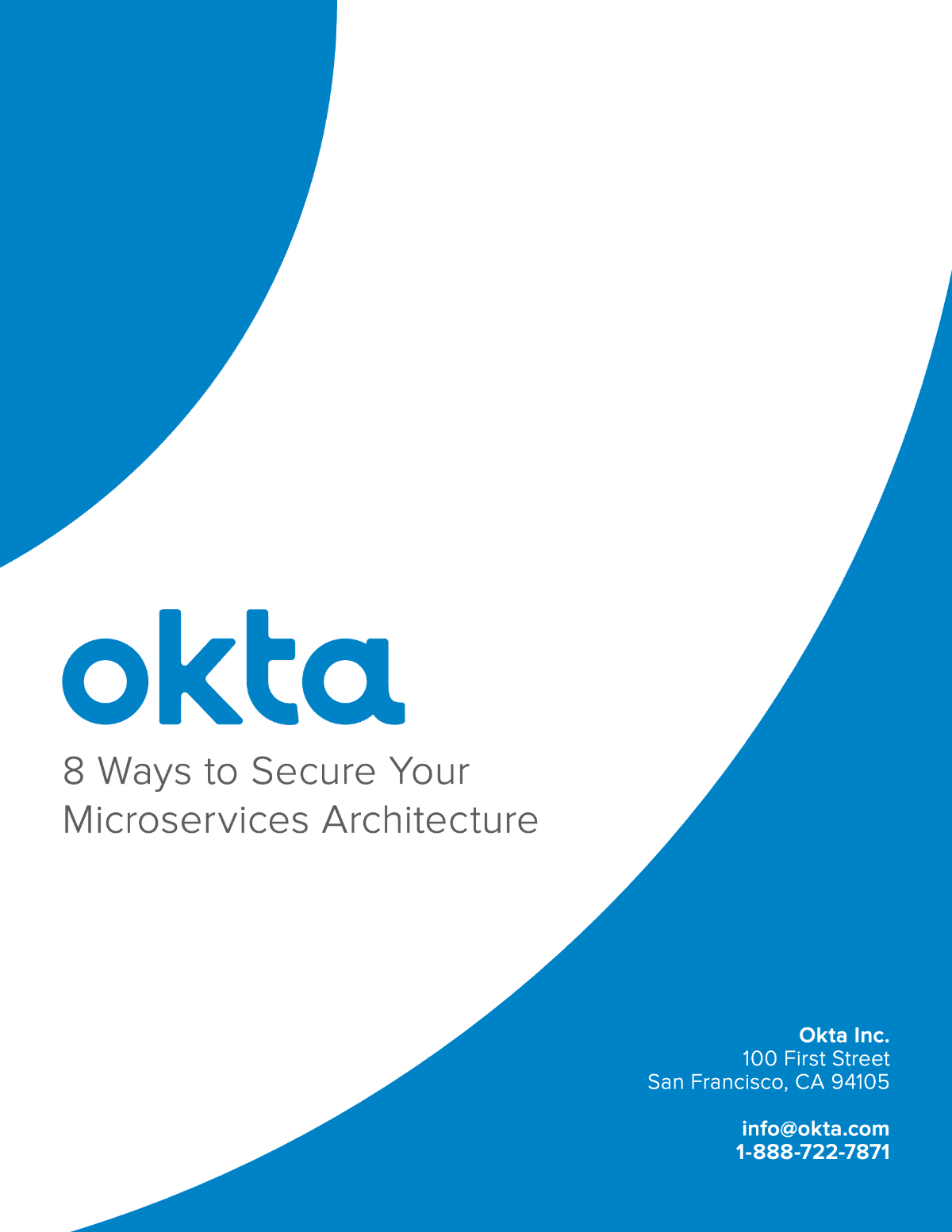 An Okta whitepaper cover titled "8 Ways to Secure Your Microservices Architecture" featuring a blue and white wave design.
