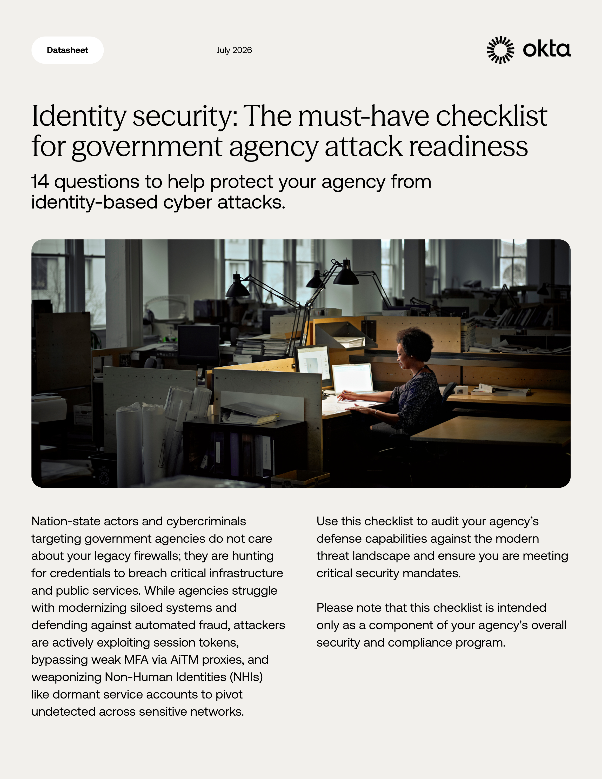 A multi-page Okta datasheet titled "Identity security: The must-have checklist for government agency attack readiness" provides a 14-question guide for evaluating public sector cyber defense capabilities before, during, and after an attack.