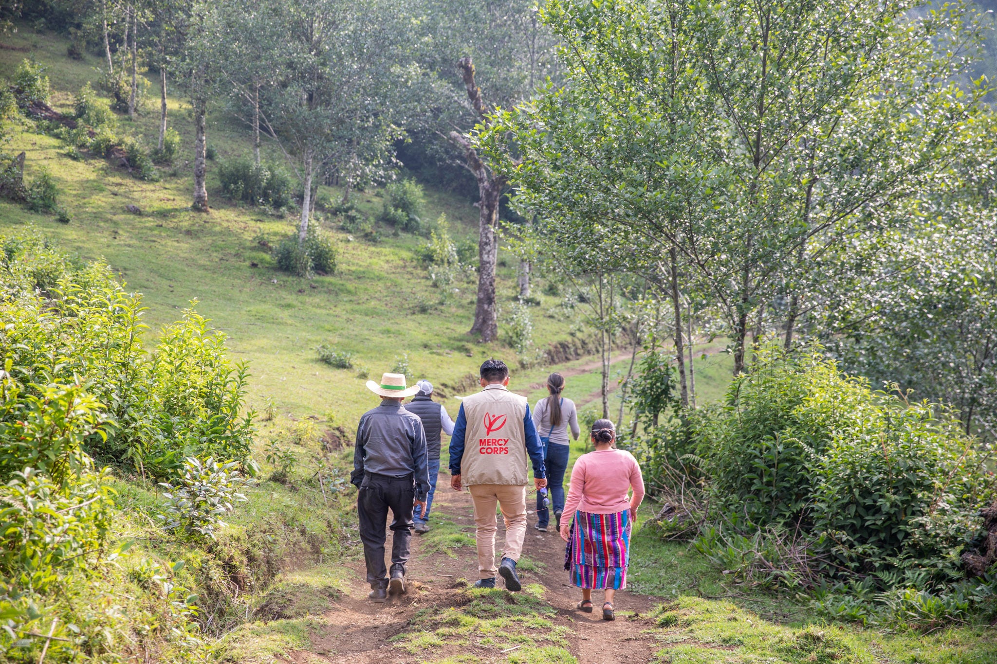 A group of five people, including a Mercy Corps worker in a tan branded vest, walk down a dirt path through a lush, green hillside.