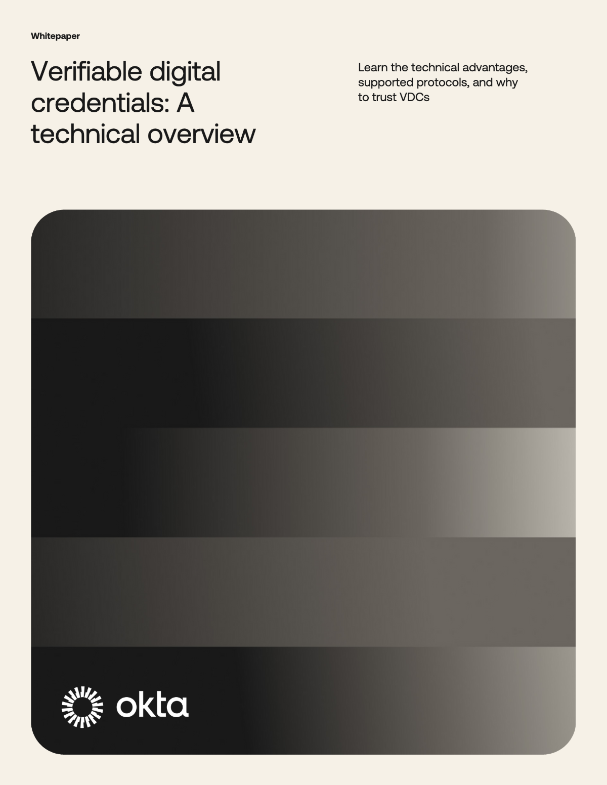An Okta whitepaper cover titled "Verifiable digital credentials: A technical overview," featuring abstract dark horizontal bands and the Okta logo.