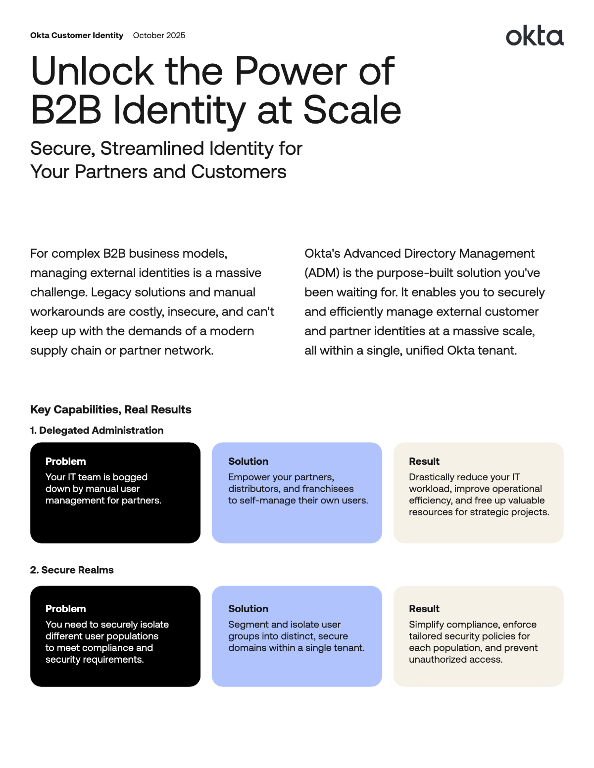 An Okta document titled "Unlock the Power of B2B Identity at Scale," detailing solutions for securing and managing partner and customer identities alongside key capabilities like Delegated Administration and Secure Realms.