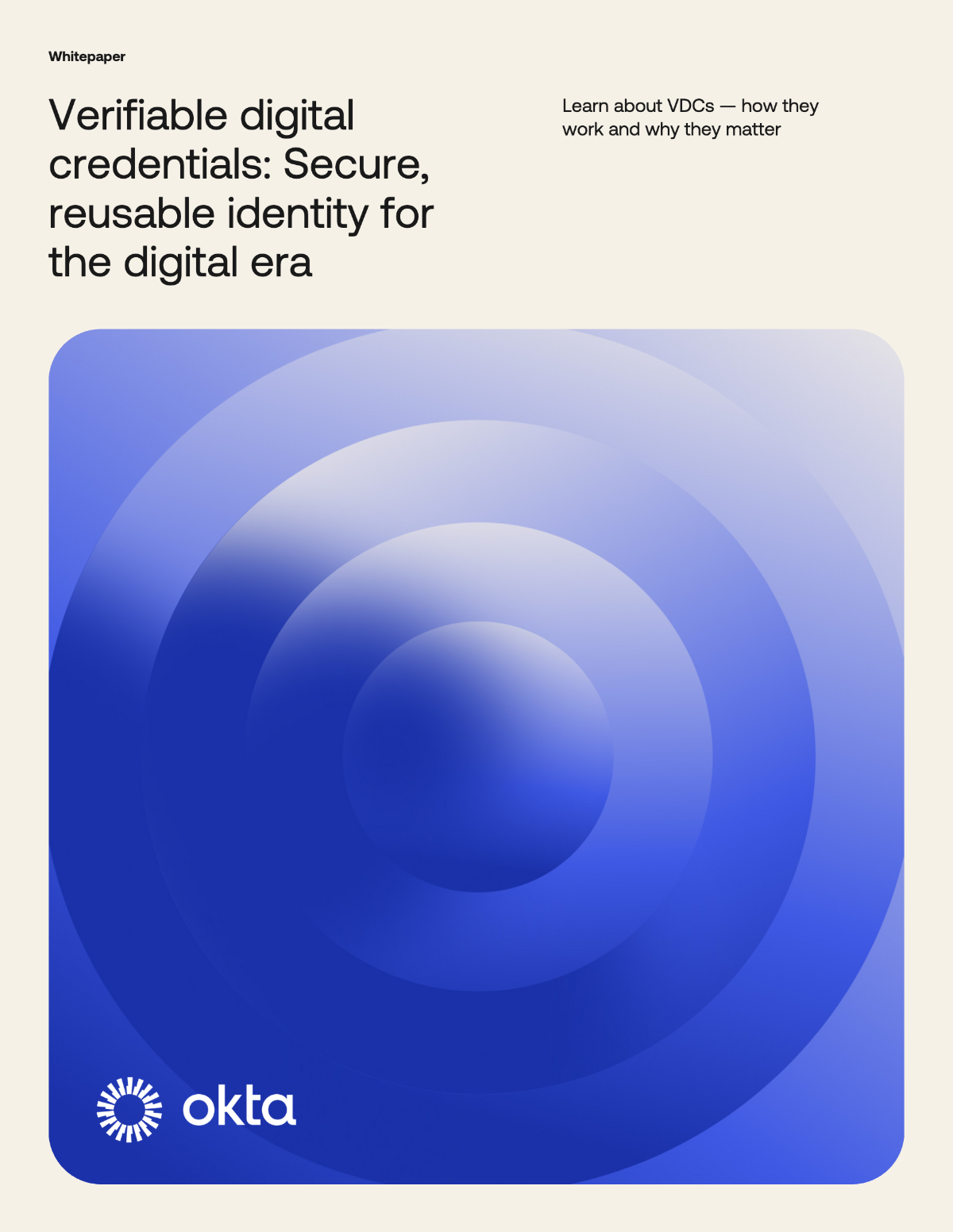 An Okta whitepaper cover titled "Verifiable digital credentials: Secure, reusable identity for the digital era," featuring a blue gradient concentric circle design and the Okta logo.