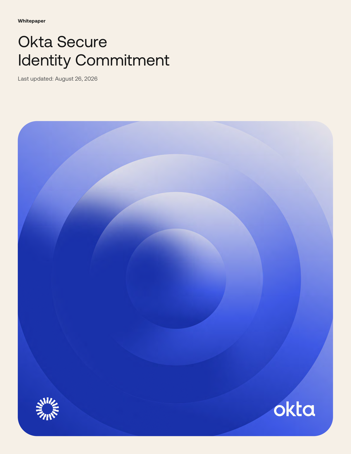 Thumbnail of the ‘Okta Secure Identity Commitment’ whitepaper cover featuring blue concentric rings and the Okta logo.
