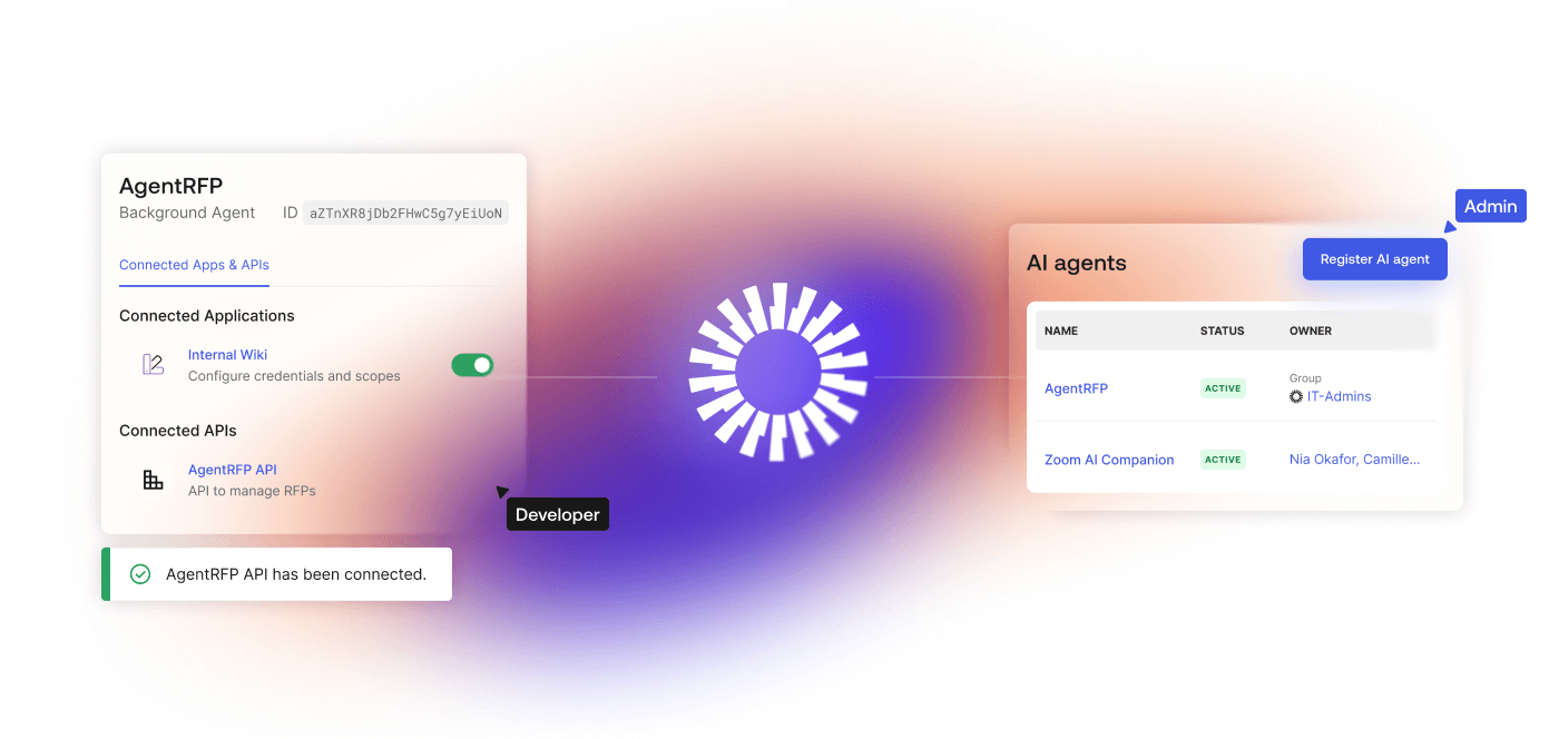 Gráfico dividido que conecta el panel de gestión de secretos de un desarrollador con una lista de directorio de agentes de TI.