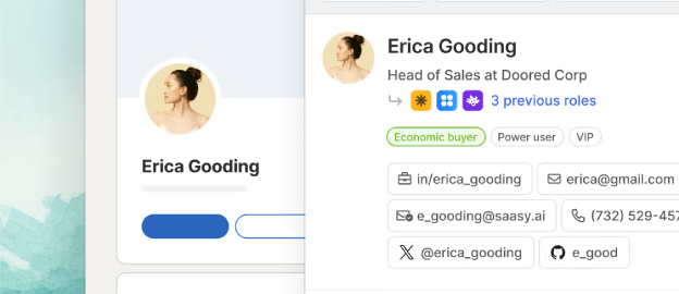 Screenshot of the Common Room interface showing a layered profile card for Erica Gooding, Head of Sales at Doored Corp. The card header displays “Common Room” with Outreach and Salesforce integration dropdowns. Below her photo and title are badges for Economic buyer, Power user, and VIP, followed by buttons for LinkedIn, email, phone, Twitter, and GitHub. The Overview tab is active, showing a lead score of 92 (Top 8%, Excellent). All layered over a teal watercolor background.