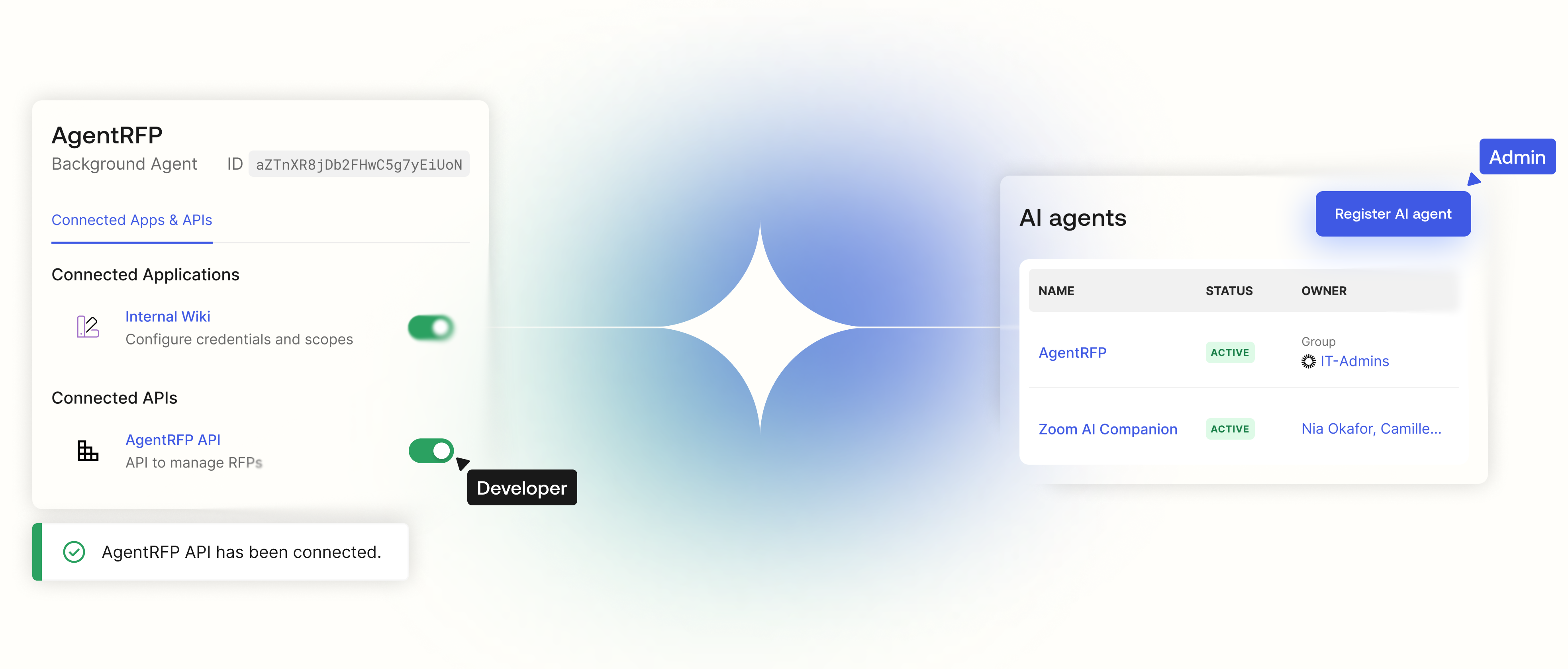Split graphic connecting a developer’s secret management panel with an IT agent directory list.