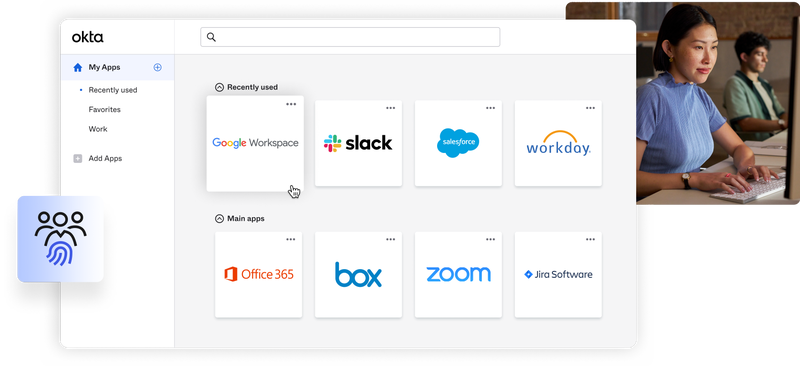 Image of Okta dashboard and image of colleagues working on computers overlaying blue backdrop.