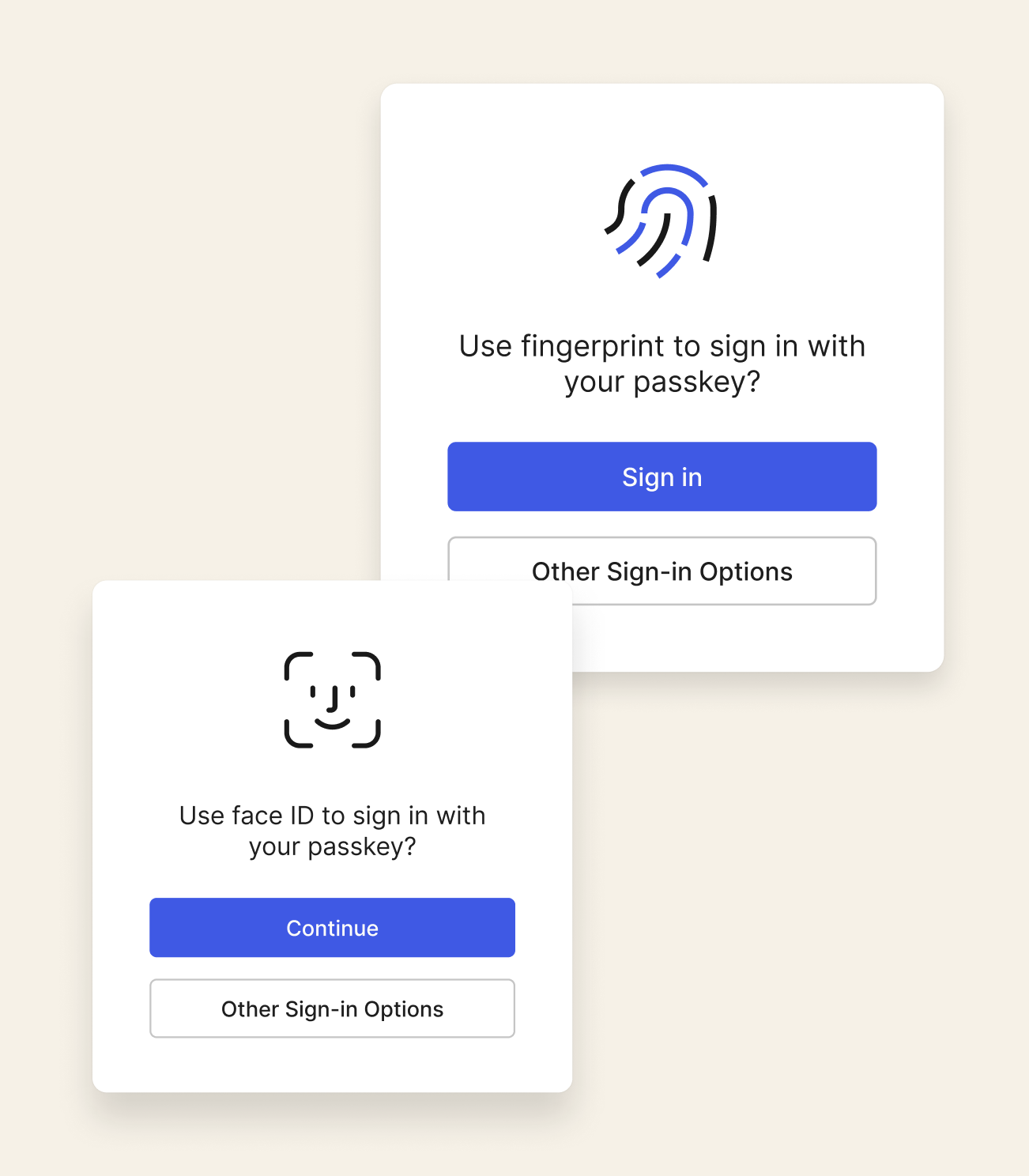 Authentication prompts showing passwordless login using Face ID and Fingerprint passkeys in Okta Customer Identity.