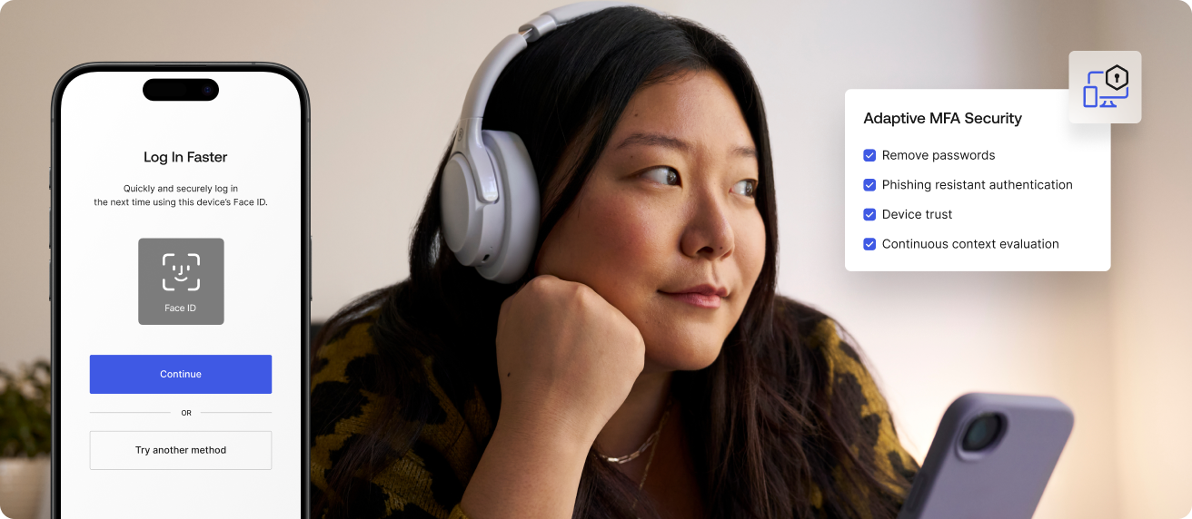 Phone displaying an option to log in using facial recognition and a separate image of a list of Adaptive MFA Security capabilities overlaying an image of woman holding a phone and wearing over-the-ear headphones.