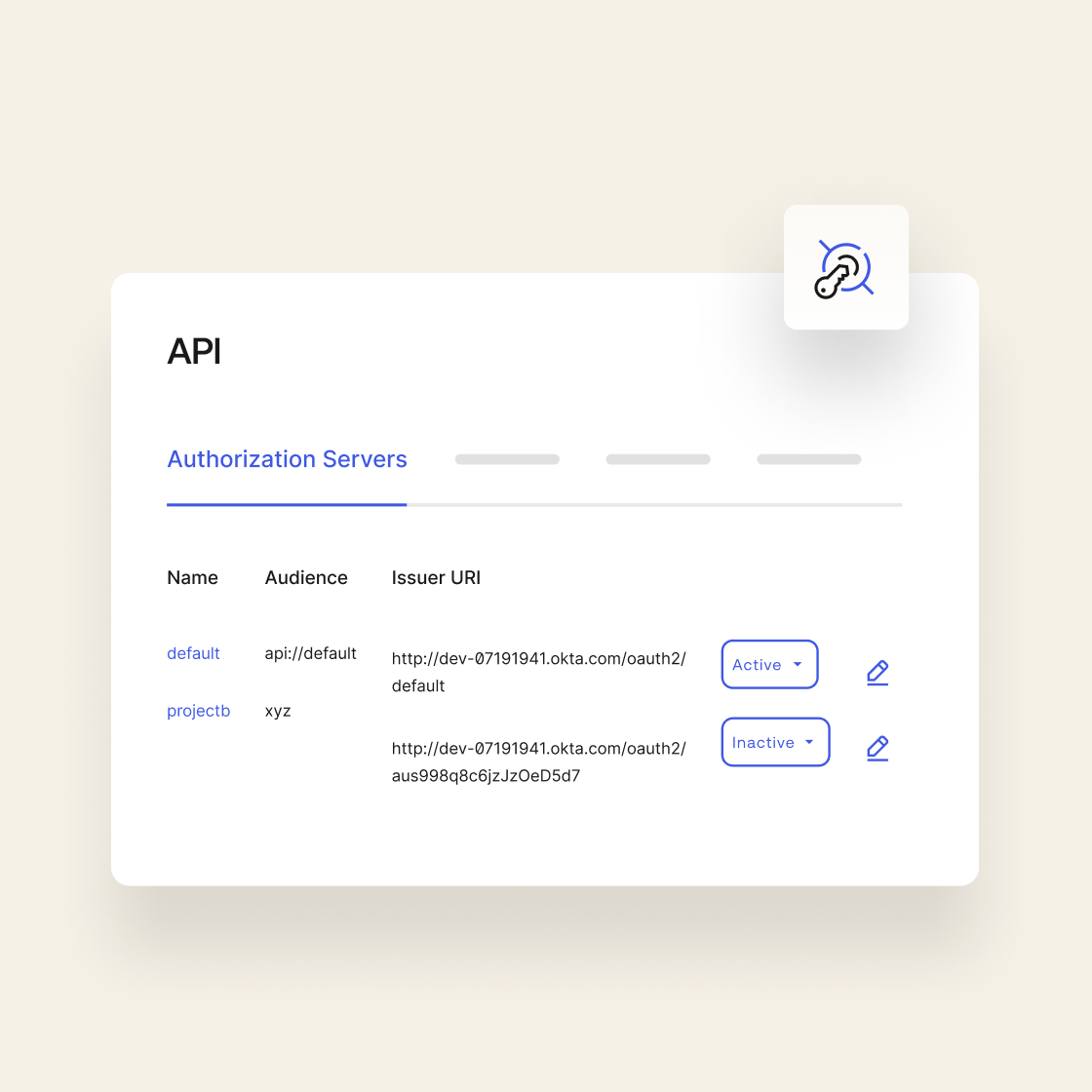 An API icon overlapping an image of authorization server specifications.