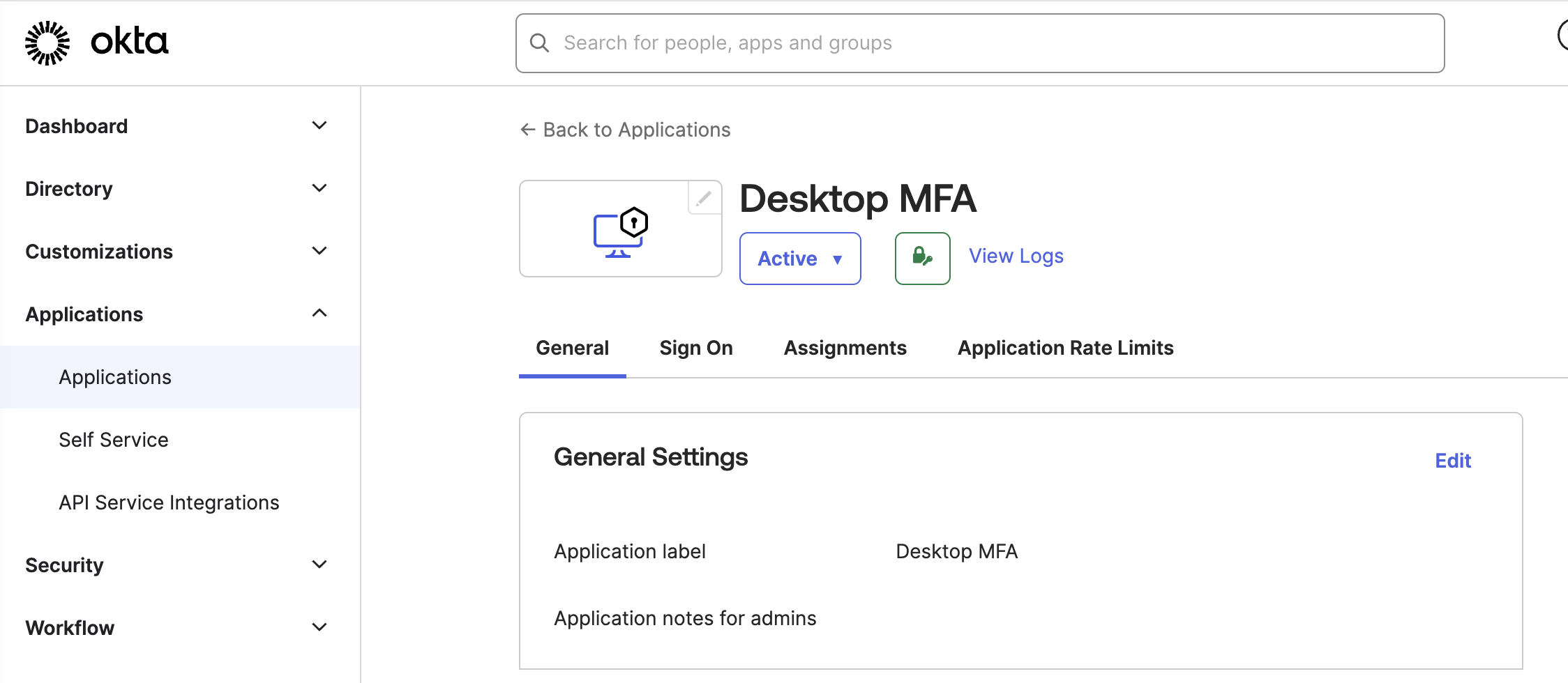 Okta Admin Desktop MFA screen