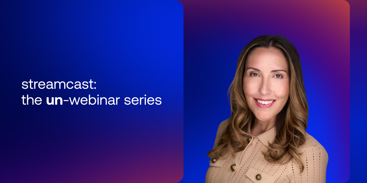 Event graphic for "streamcast: the un-webinar series" featuring a portrait of presenter Charlotte Wylie on a blue and purple gradient background, listing speakers Harish Peri and Charlotte Wylie from Okta.